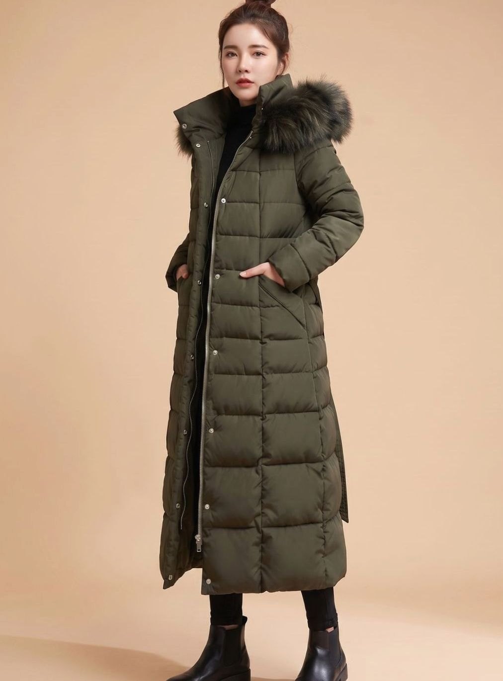 Emilia Long Quilted Coat with Fur-Trim Hood