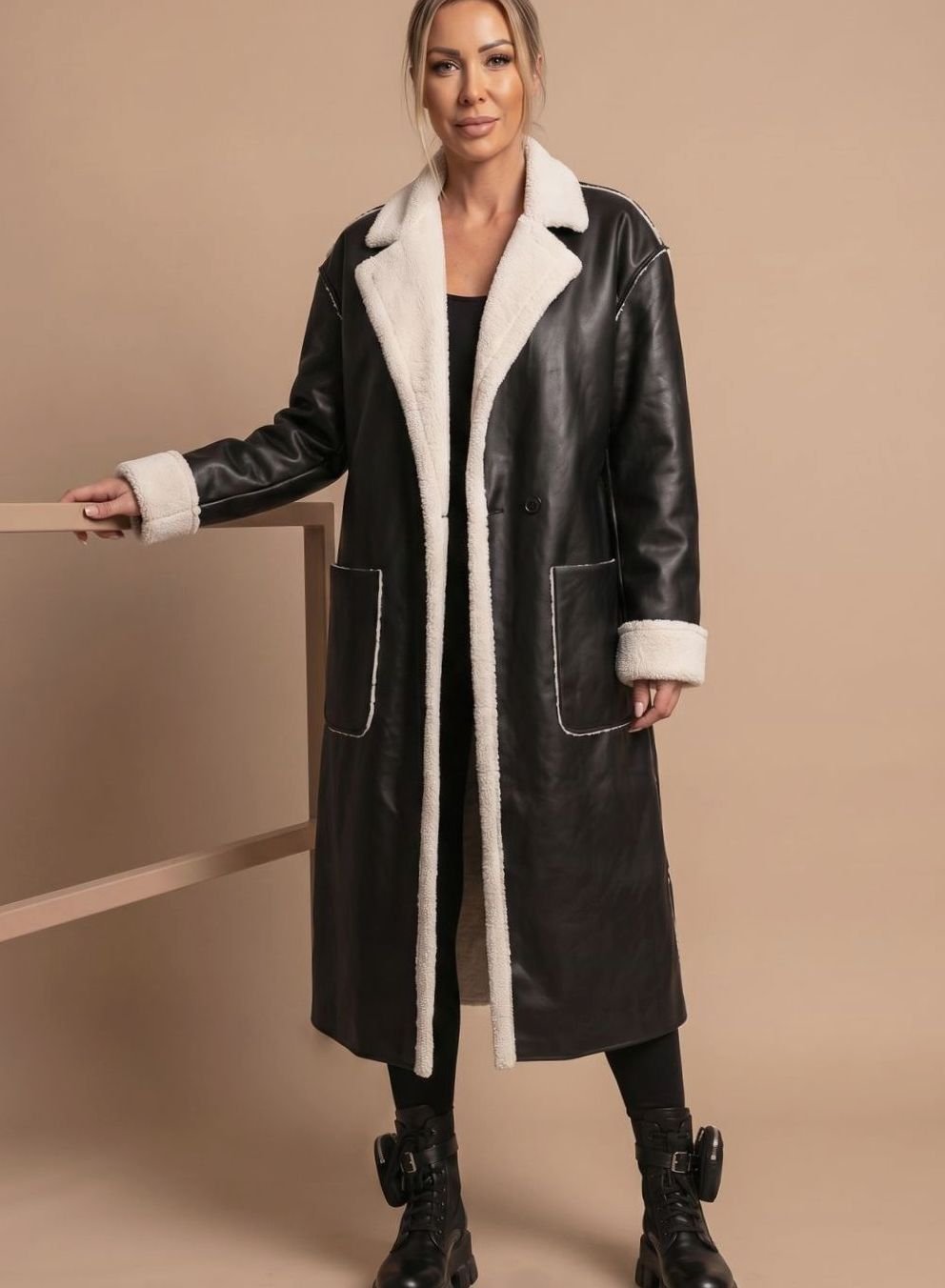 Clara Long Faux Leather Fleece Coat
