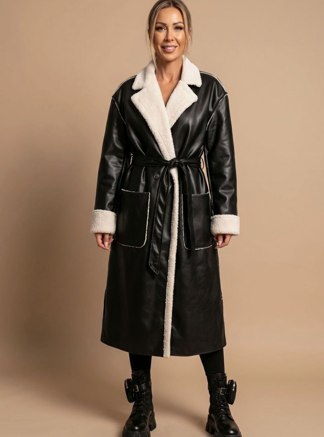 Clara Long Faux Leather Fleece Coat