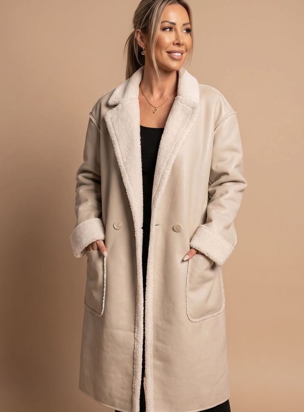 Clara Long Faux Leather Fleece Coat