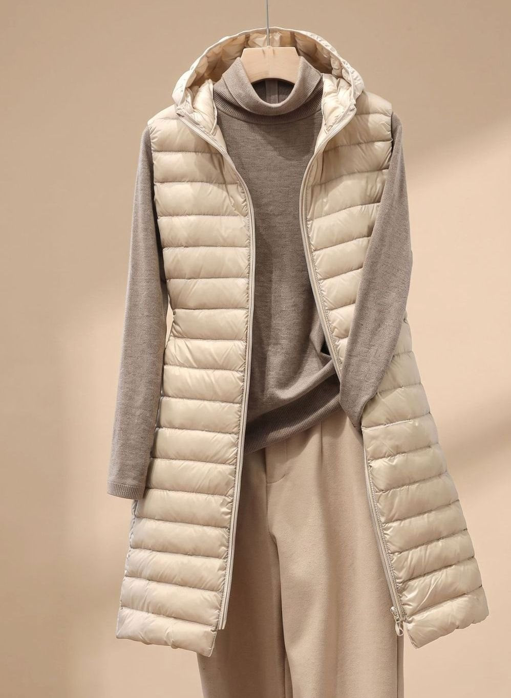 Emilia Long Sleeveless Quilted Puffer Vest with Hood