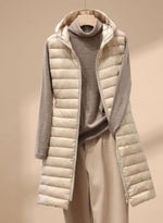 Emilia Long Sleeveless Quilted Puffer Vest with Hood