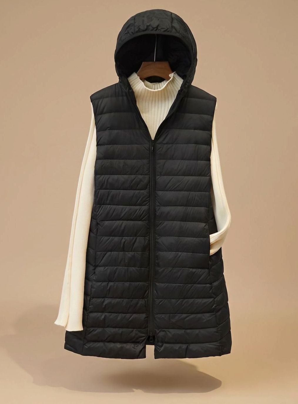 Emilia Long Sleeveless Quilted Puffer Vest with Hood