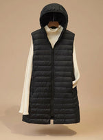 Emilia Long Sleeveless Quilted Puffer Vest with Hood
