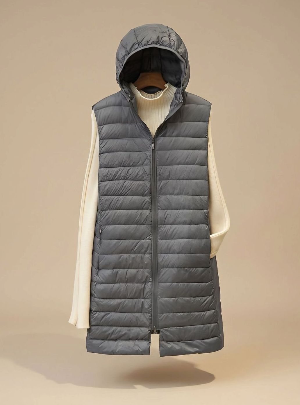 Emilia Long Sleeveless Quilted Puffer Vest with Hood