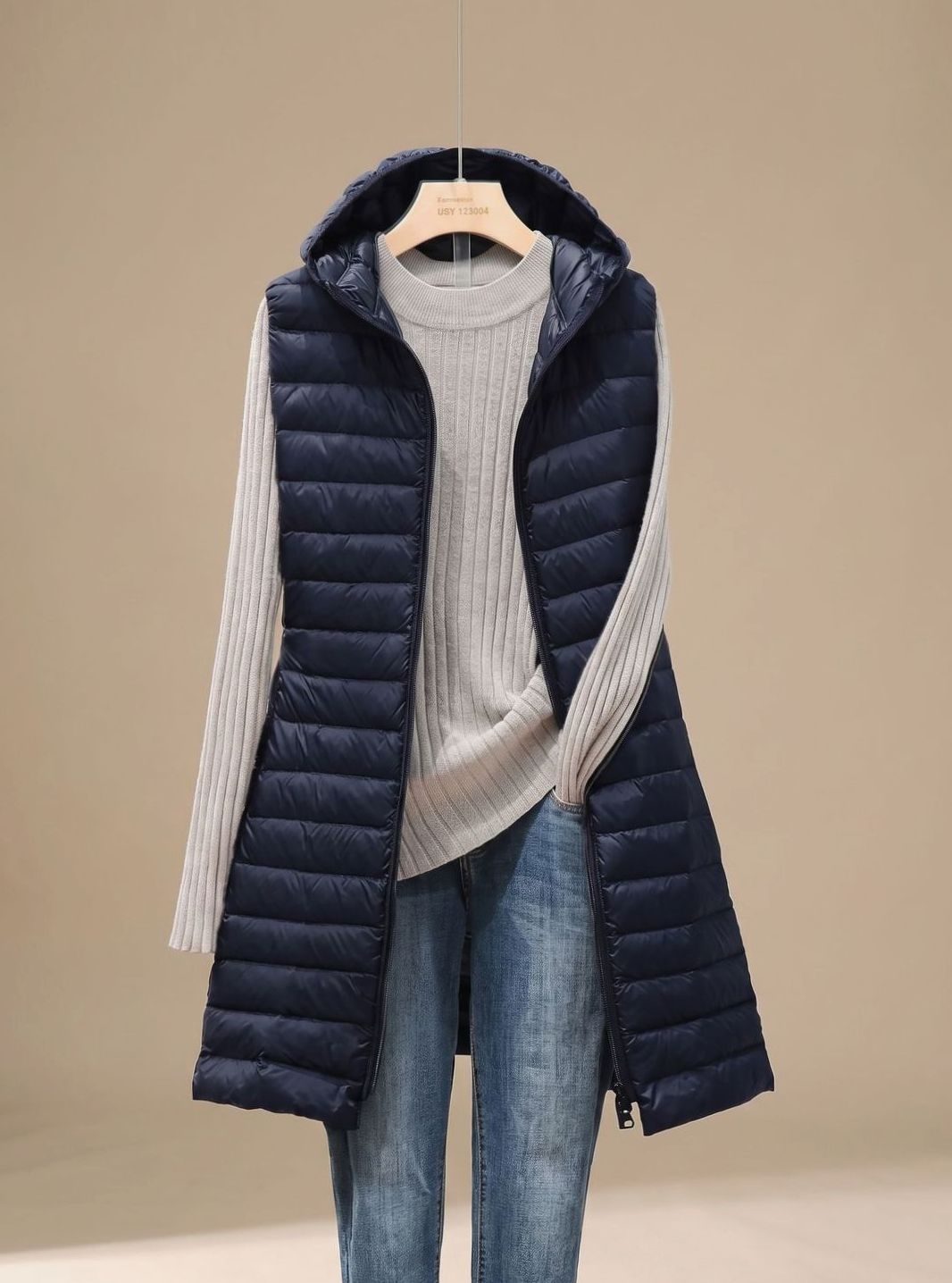 Emilia Long Sleeveless Quilted Puffer Vest with Hood