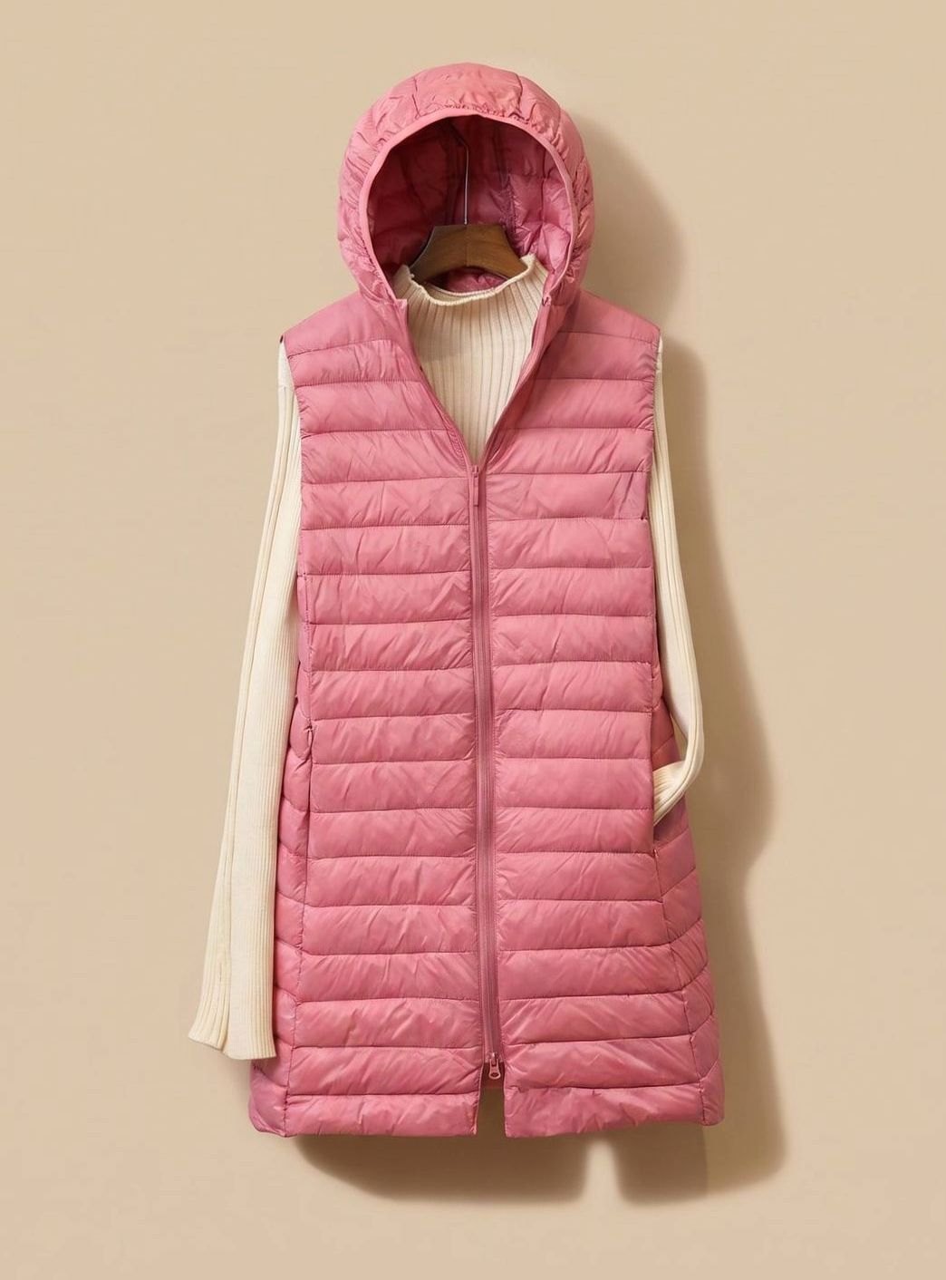 Emilia Long Sleeveless Quilted Puffer Vest with Hood