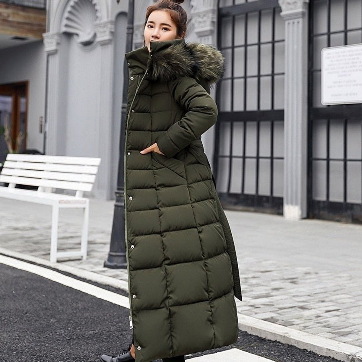 Nora Long Quilted Winter Coat with Faux Fur Hood