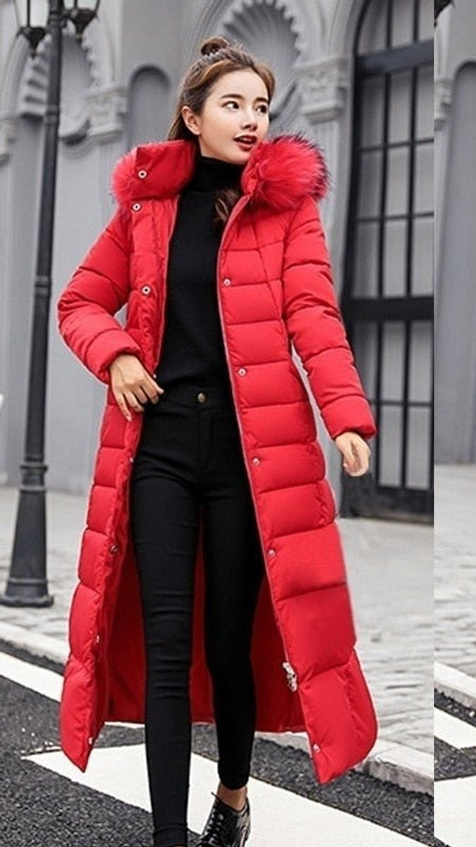Nora Long Quilted Winter Coat with Faux Fur Hood