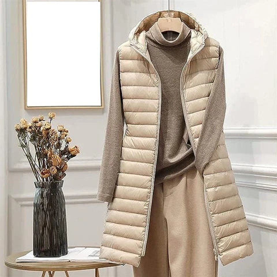 Clara Sleeveless Long Quilted Hooded Vest