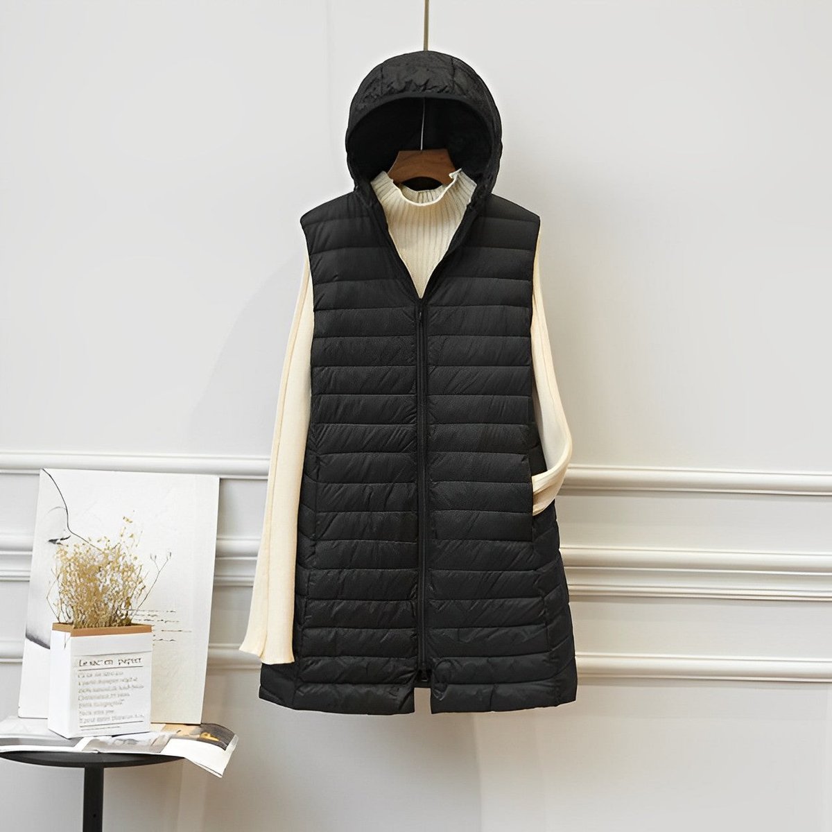 Clara Sleeveless Long Quilted Hooded Vest