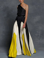 Isla Pleated One-Shoulder Colorblock Maxi Dress