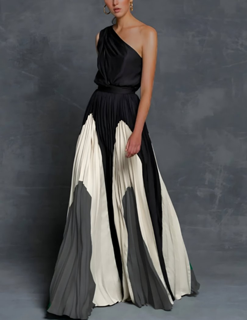 Isla Pleated One-Shoulder Colorblock Maxi Dress