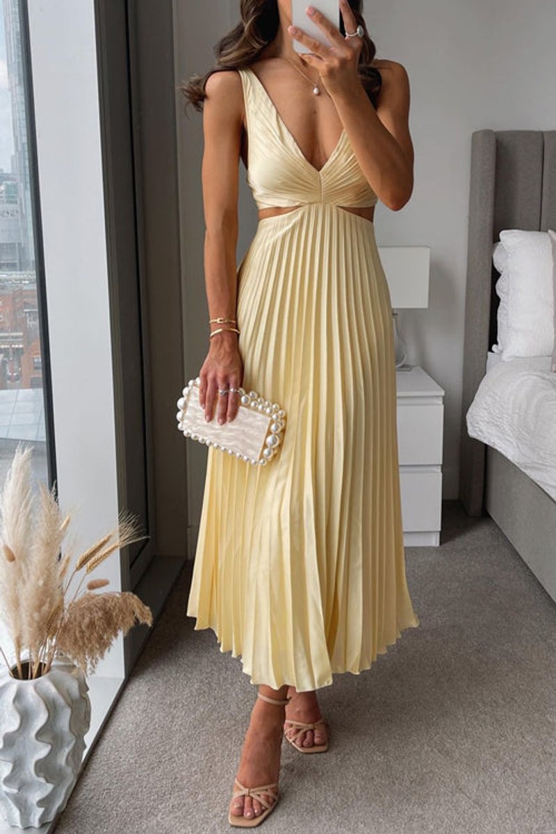 Evelyn Pleated Cut-Out Maxi Dress with V-Neck