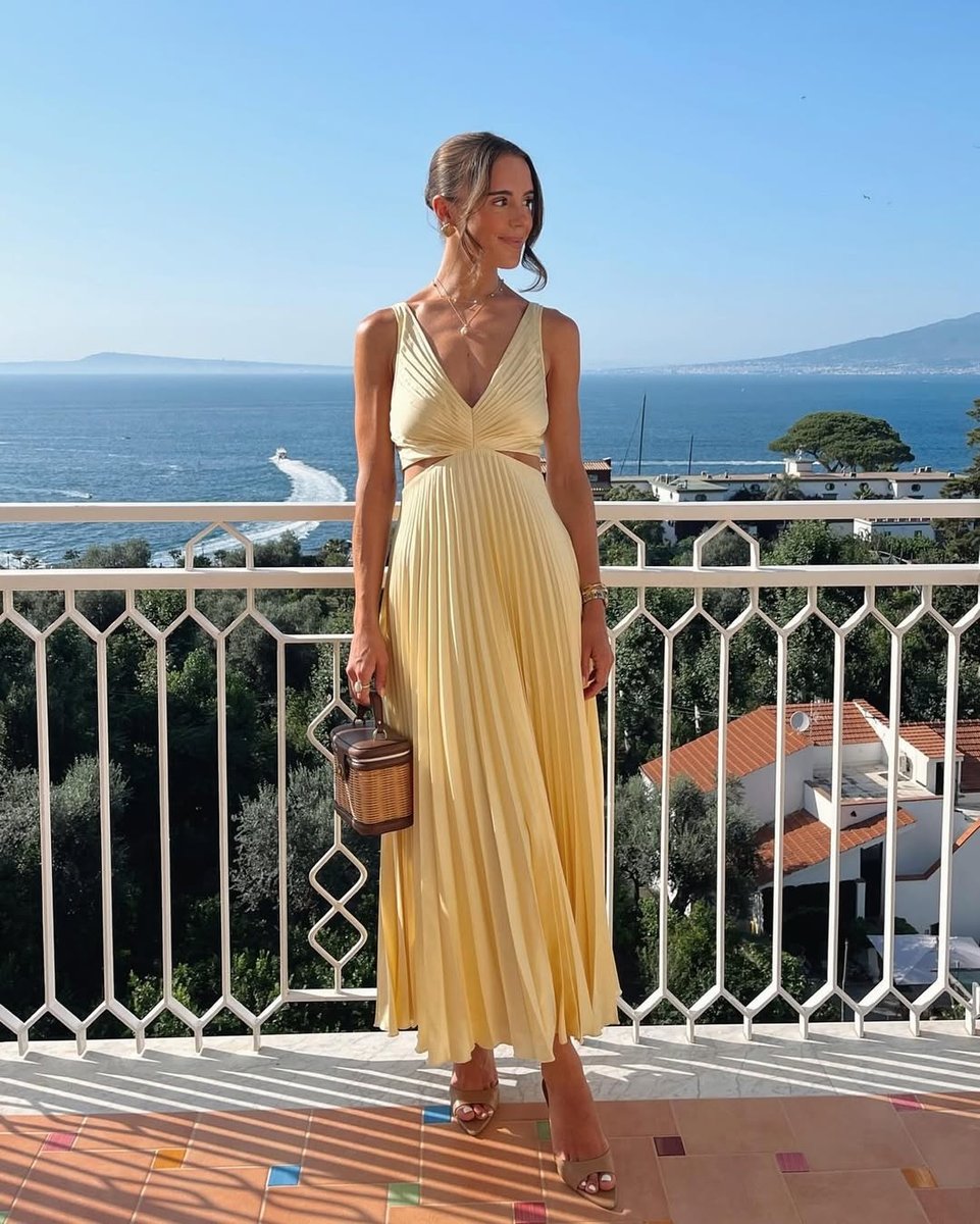 Evelyn Pleated Cut-Out Maxi Dress with V-Neck